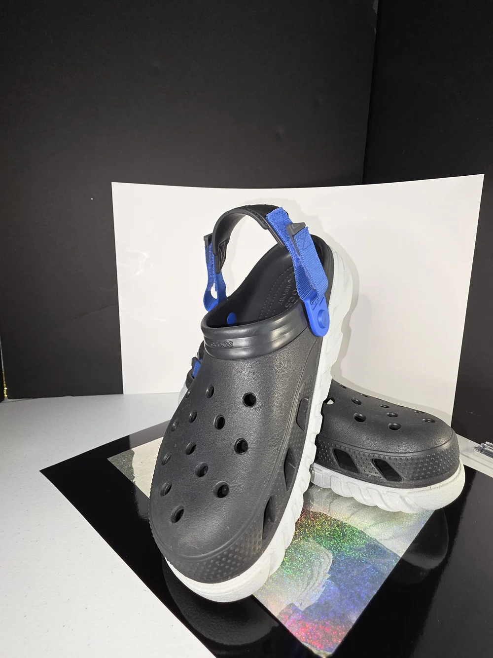 CROCS Duet Max II Black Clogs with Blue Heel Straps and White Sole